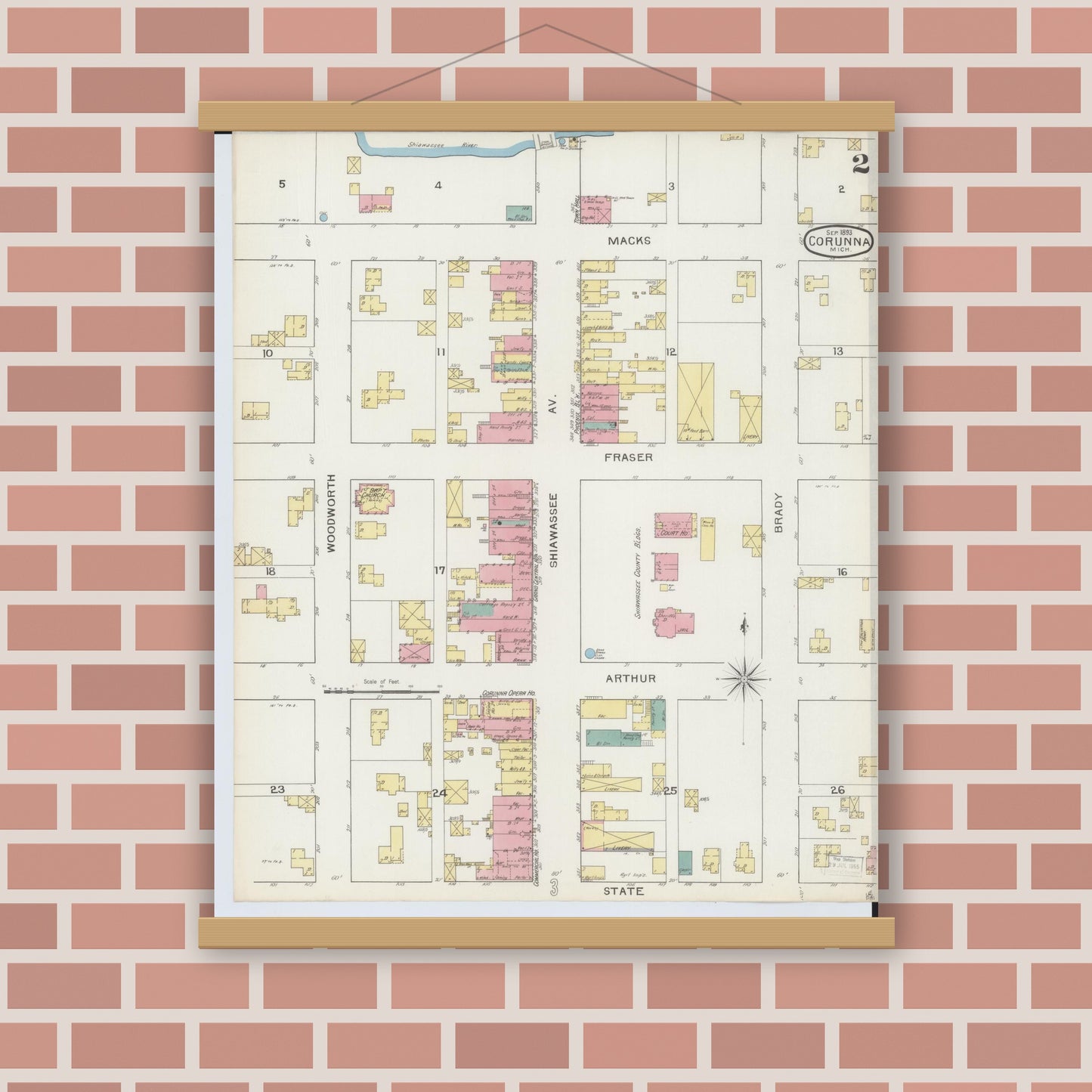 Old map wall art mockup — magnetic wood frame on brick wall — Sanborn Fire Insurance Map from Corunna, Shiawassee County, Michigan (1893), Sheet #0002