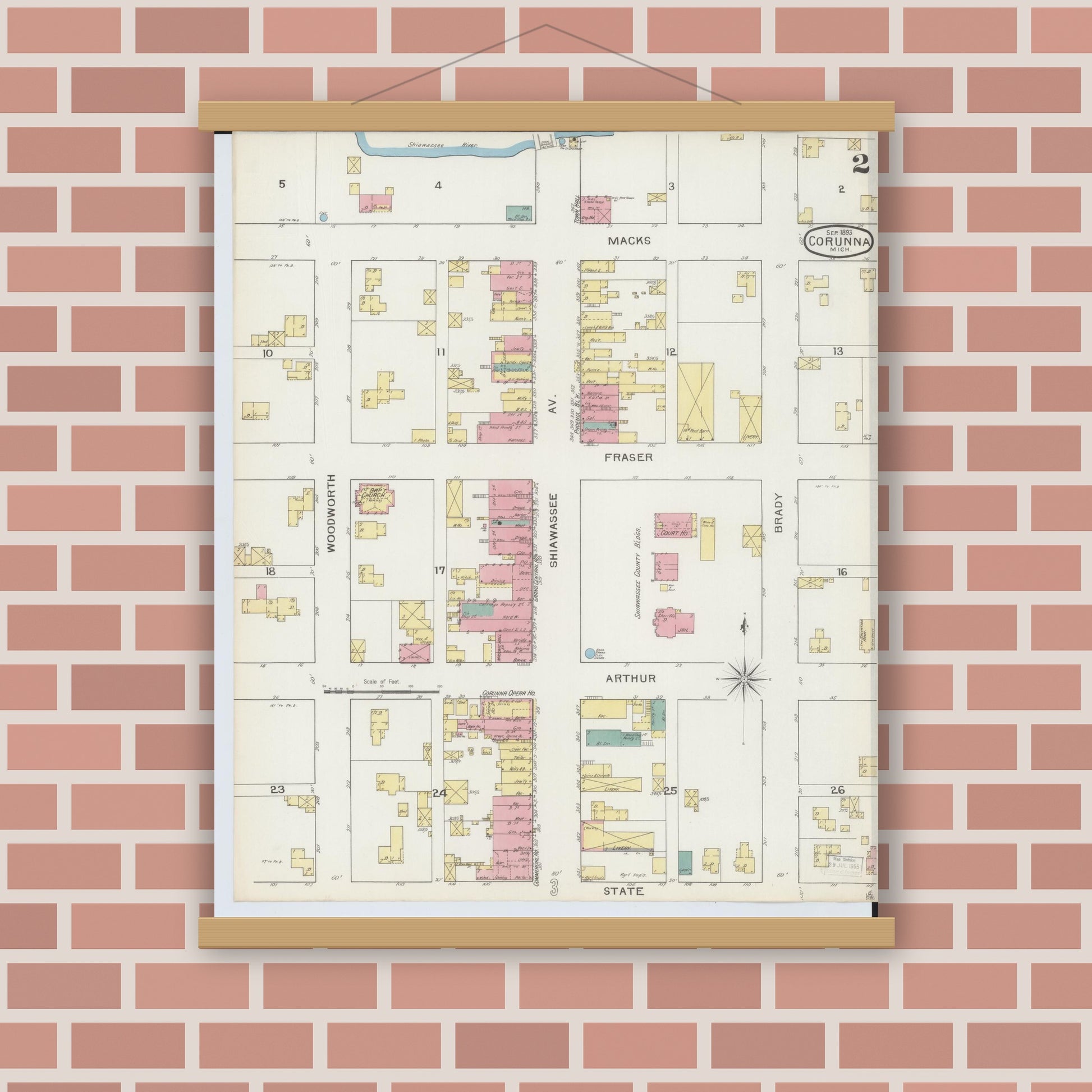 Old map wall art mockup — magnetic wood frame on brick wall — Sanborn Fire Insurance Map from Corunna, Shiawassee County, Michigan (1893), Sheet #0002