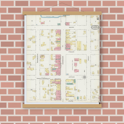 Old map wall art mockup — magnetic wood frame on brick wall — Sanborn Fire Insurance Map from Corunna, Shiawassee County, Michigan (1893), Sheet #0002