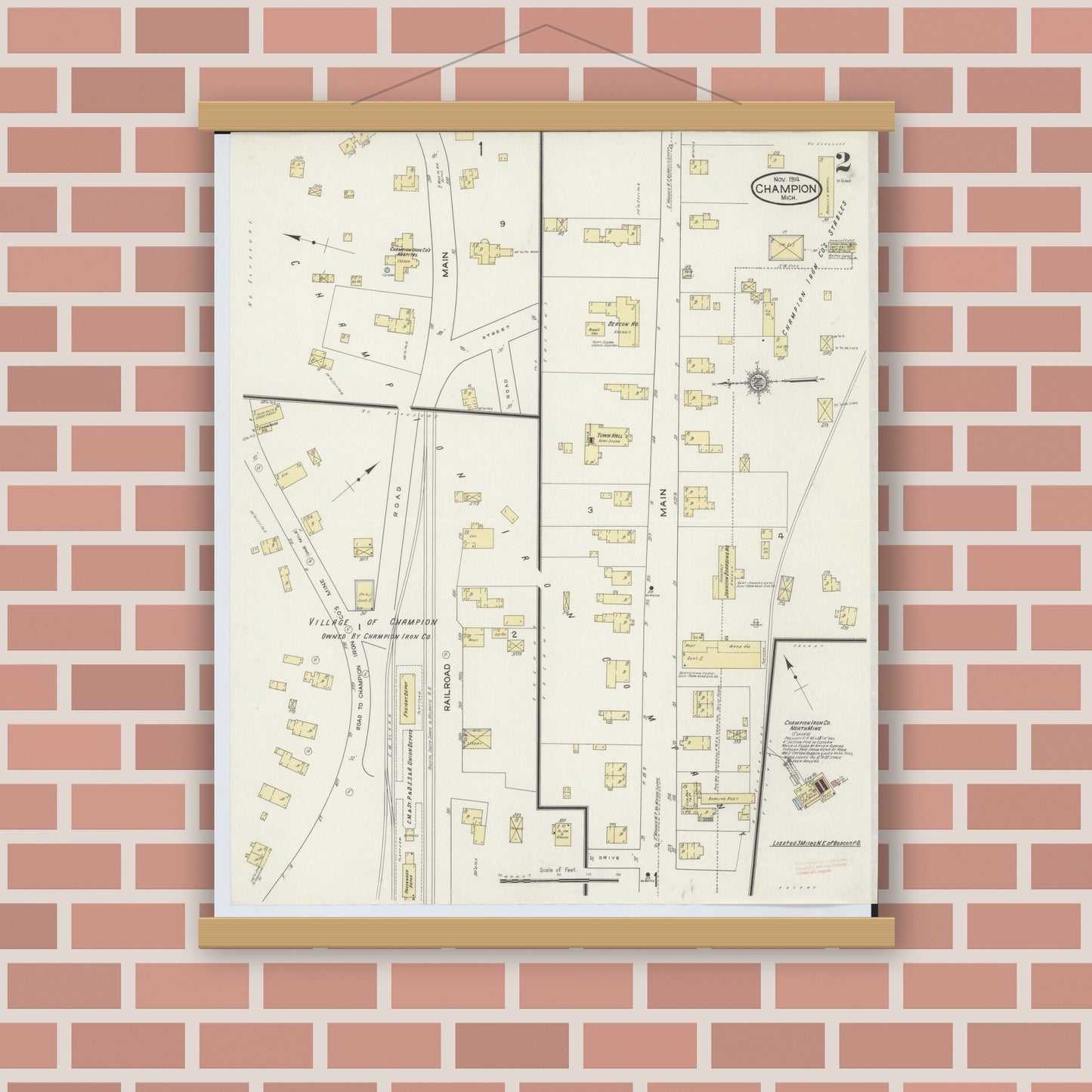 Old map wall art mockup — magnetic wood frame on brick wall — Sanborn Fire Insurance Map from Champion, Marquette County, Michigan (1914), Sheet #0002