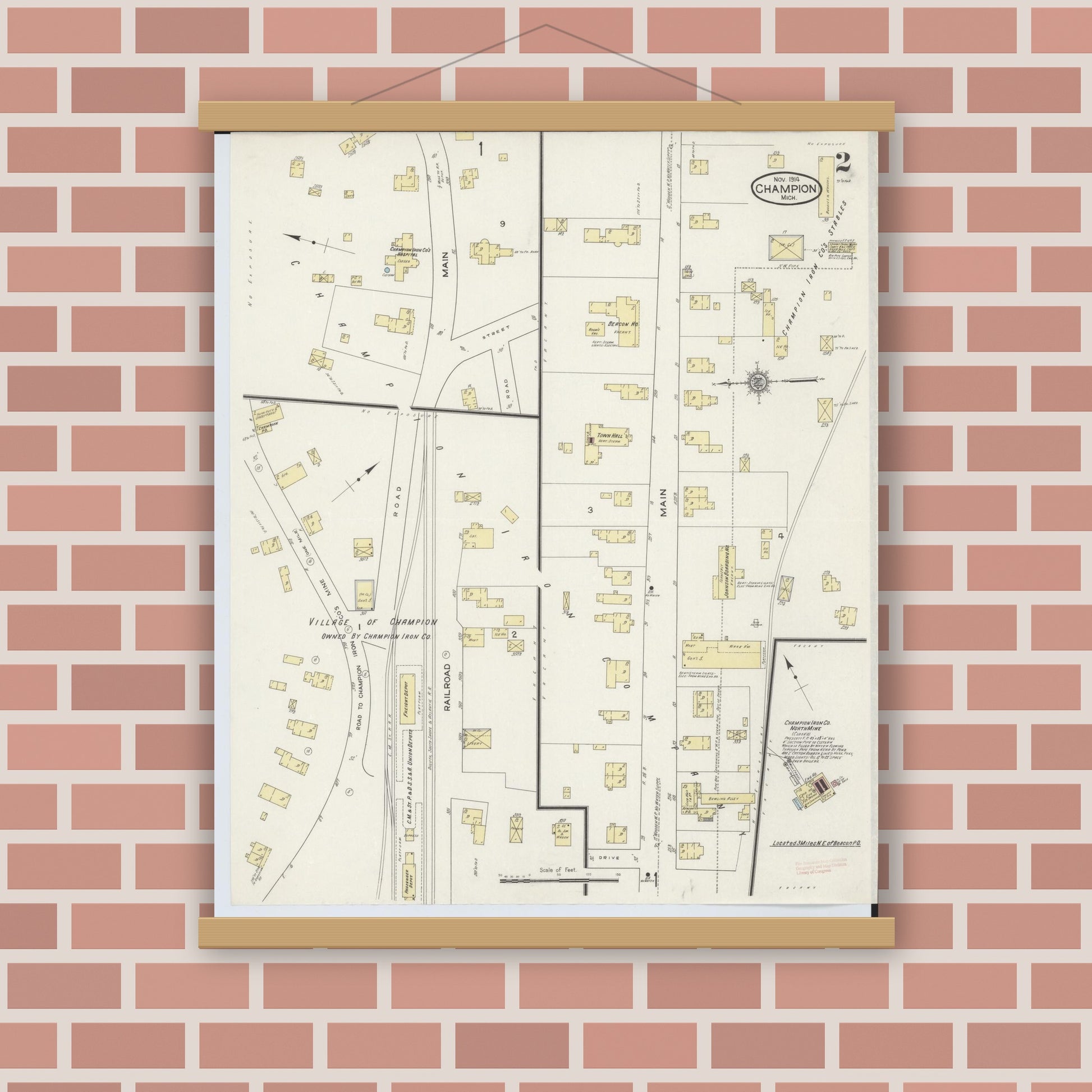 Old map wall art mockup — magnetic wood frame on brick wall — Sanborn Fire Insurance Map from Champion, Marquette County, Michigan (1914), Sheet #0002
