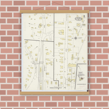 Old map wall art mockup — magnetic wood frame on brick wall — Sanborn Fire Insurance Map from Champion, Marquette County, Michigan (1914), Sheet #0002
