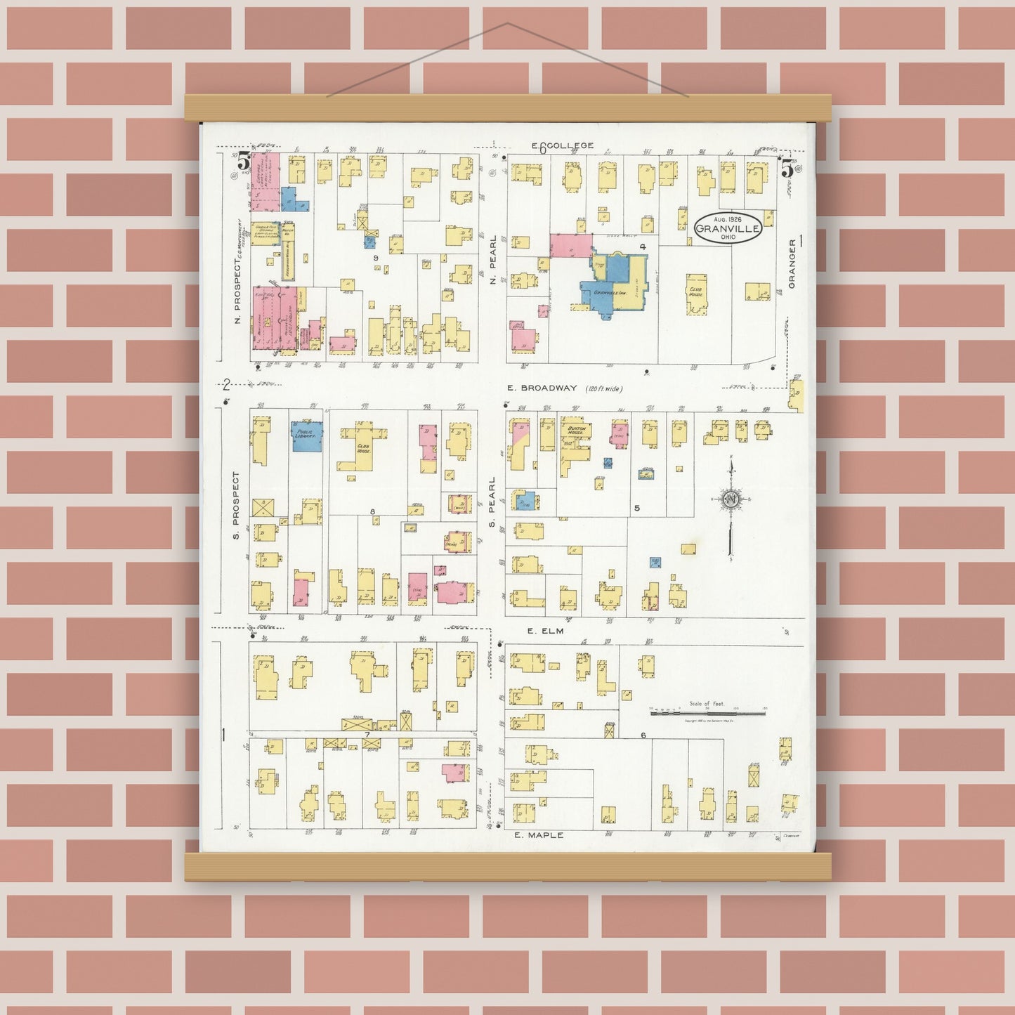 Old map wall art mockup — magnetic wood frame on brick wall — Sanborn Fire Insurance Map from Granville, Licking County, Ohio (1926), Sheet #0005