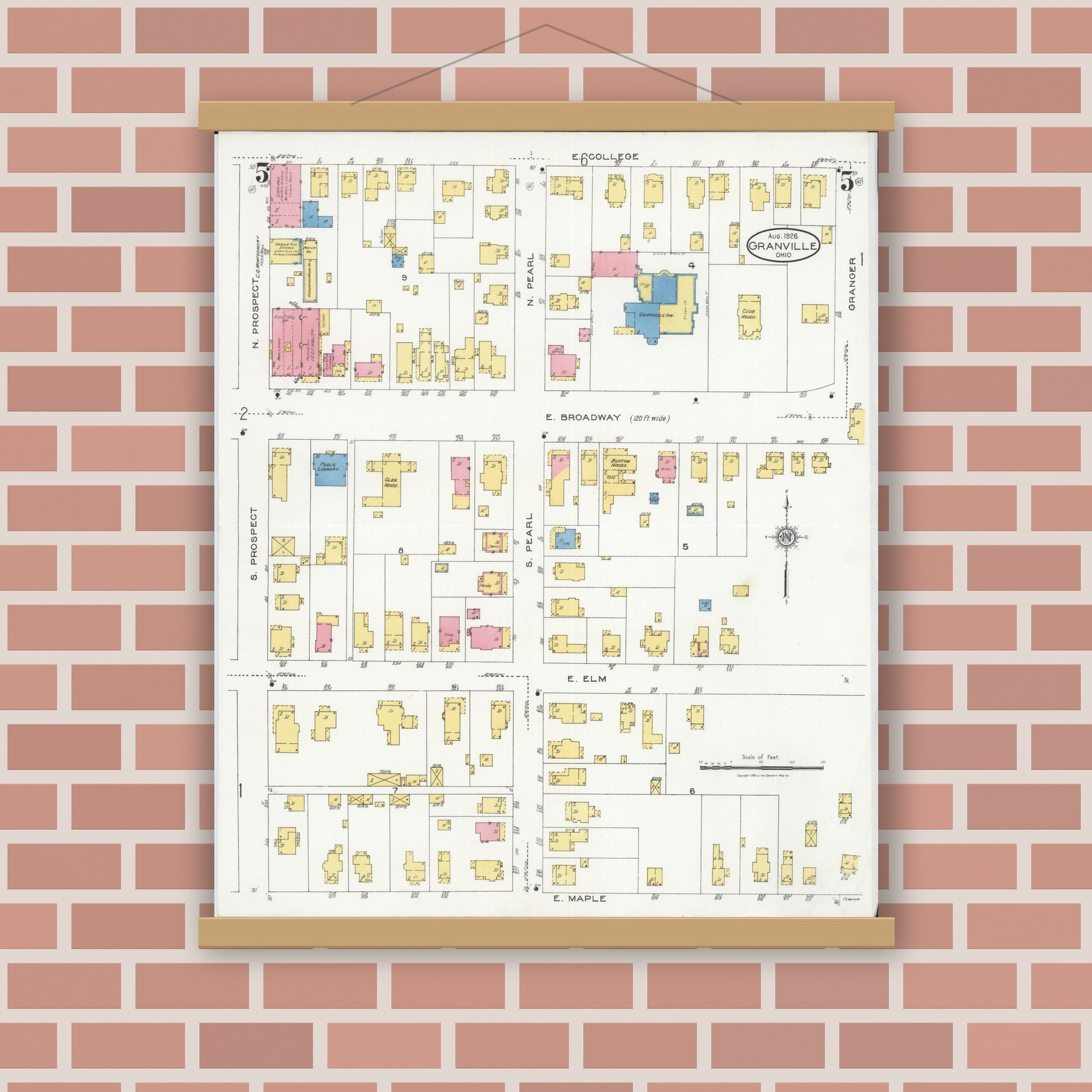 Old map wall art mockup — magnetic wood frame on brick wall — Sanborn Fire Insurance Map from Granville, Licking County, Ohio (1926), Sheet #0005