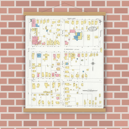 Old map wall art mockup — magnetic wood frame on brick wall — Sanborn Fire Insurance Map from Granville, Licking County, Ohio (1926), Sheet #0005