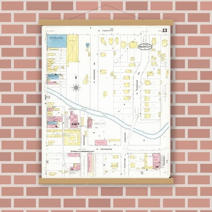 Old map wall art mockup — magnetic wood frame on brick wall — Sanborn Fire Insurance Map from Mason City, Cerro Gordo County, Iowa (1909), Sheet #0013