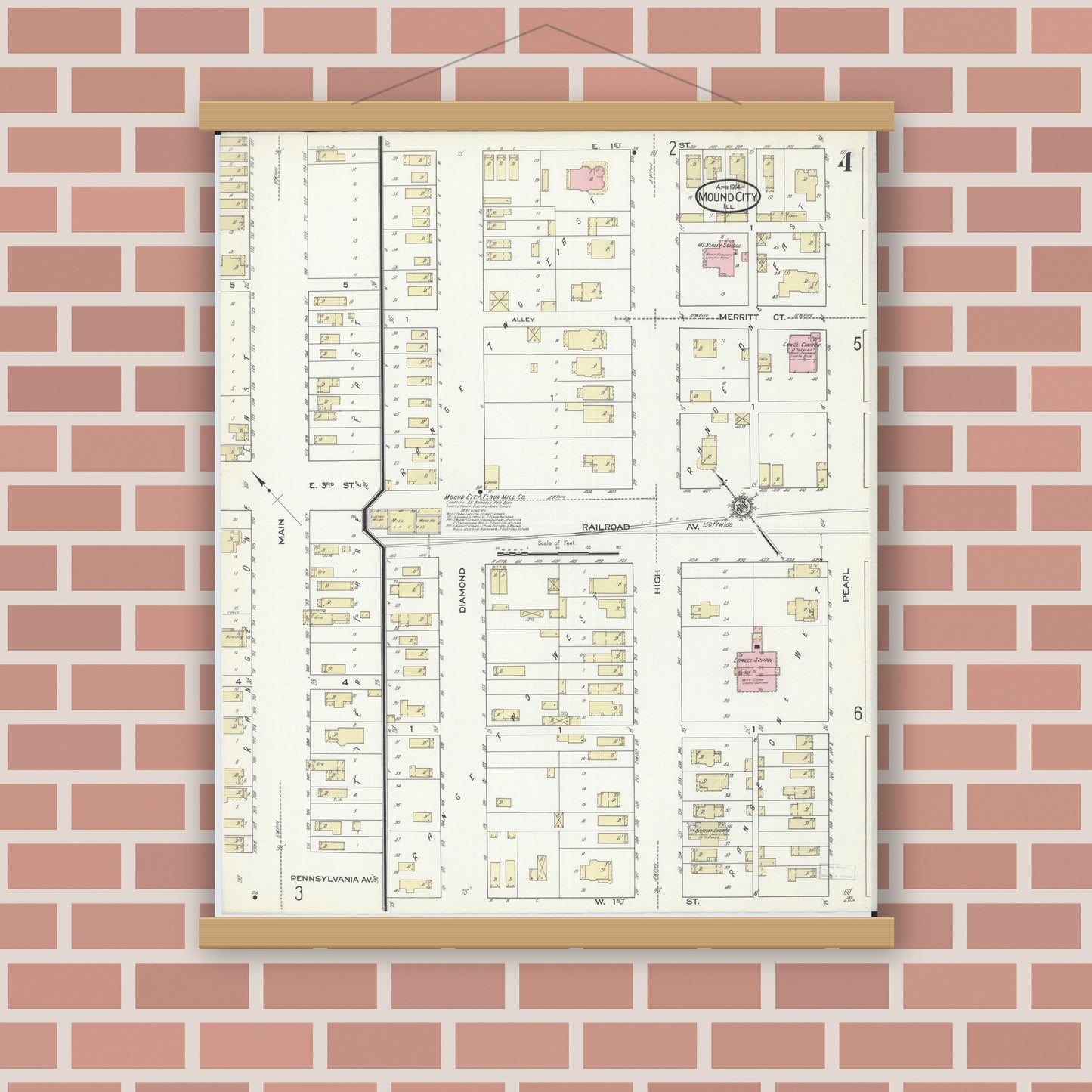 Old map wall art mockup — magnetic wood frame on brick wall — Sanborn Fire Insurance Map from Mound City, Pulaski County, Illinois (1914), Sheet #0004