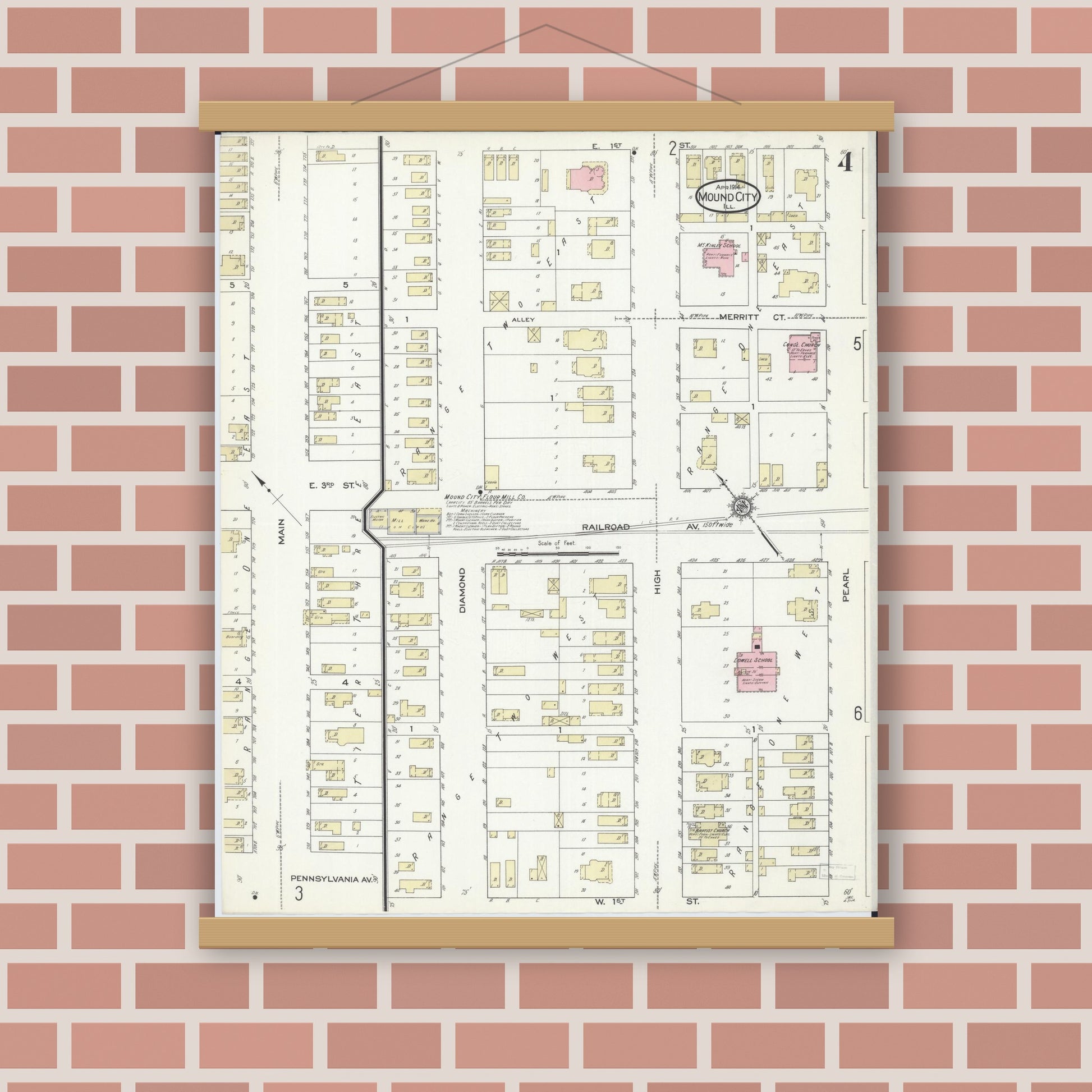 Old map wall art mockup — magnetic wood frame on brick wall — Sanborn Fire Insurance Map from Mound City, Pulaski County, Illinois (1914), Sheet #0004