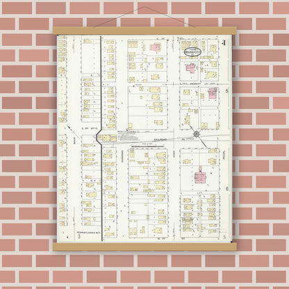 Old map wall art mockup — magnetic wood frame on brick wall — Sanborn Fire Insurance Map from Mound City, Pulaski County, Illinois (1914), Sheet #0004