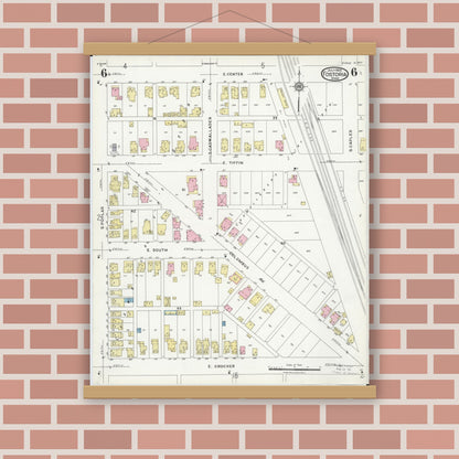 Old map wall art mockup — magnetic wood frame on brick wall — Sanborn Fire Insurance Map from Fostoria, Seneca, Hancock, And Wood Counties, Ohio (1924), Sheet #0006