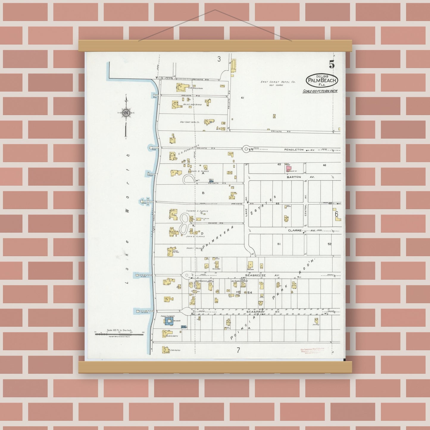 Old map wall art mockup — magnetic wood frame on brick wall — Sanborn Fire Insurance Map from Palm Beach, Palm Beach County, Florida (1919), Sheet #0005