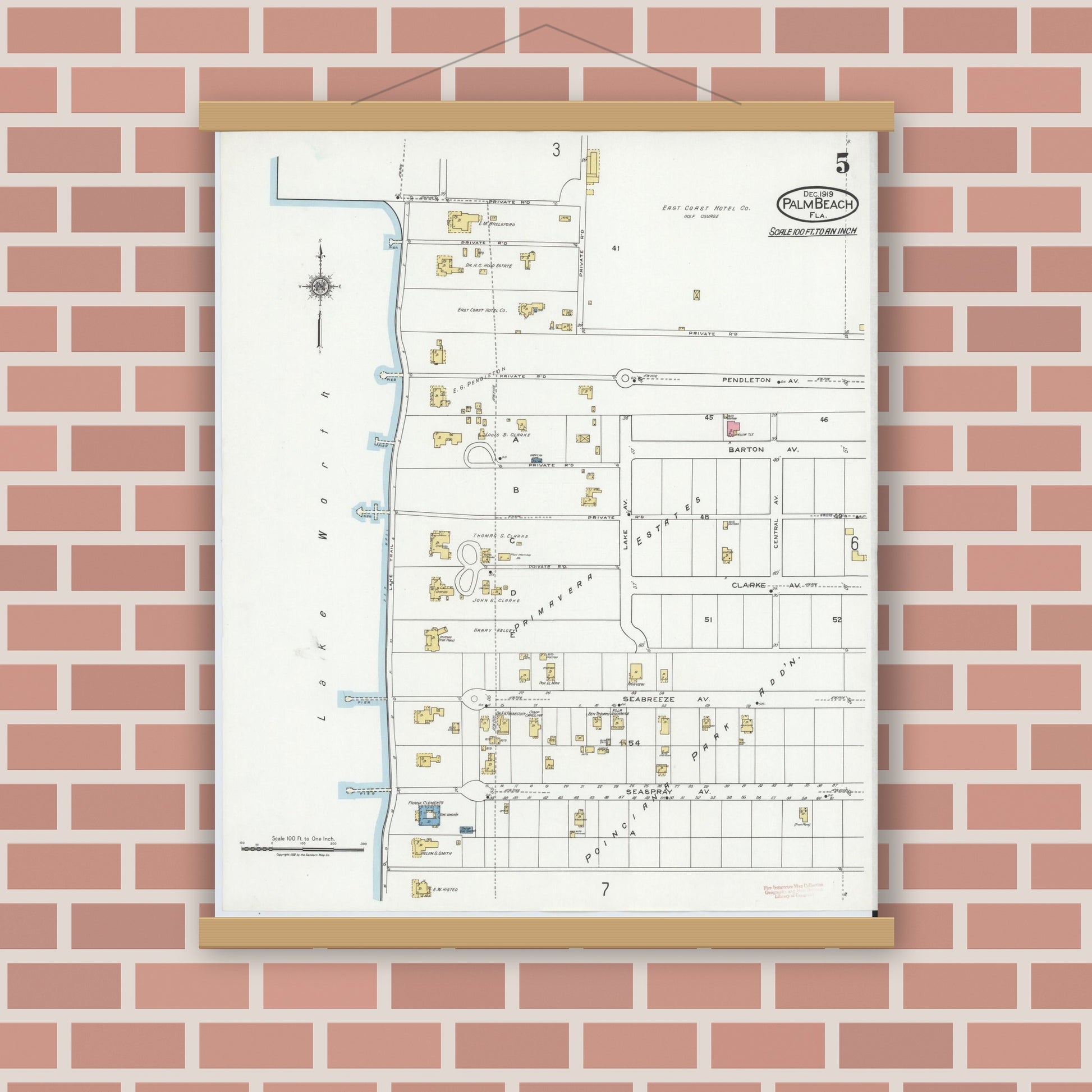 Old map wall art mockup — magnetic wood frame on brick wall — Sanborn Fire Insurance Map from Palm Beach, Palm Beach County, Florida (1919), Sheet #0005