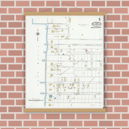 Old map wall art mockup — magnetic wood frame on brick wall — Sanborn Fire Insurance Map from Palm Beach, Palm Beach County, Florida (1919), Sheet #0005