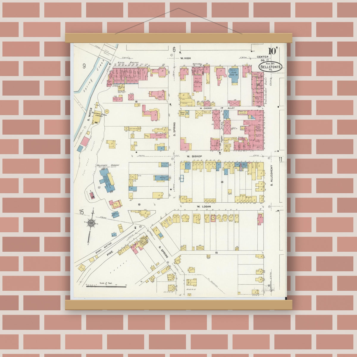 Old map wall art mockup — magnetic wood frame on brick wall — Sanborn Fire Insurance Map from Bellefonte, Centre County, Pennsylvania (1911), Sheet #0010