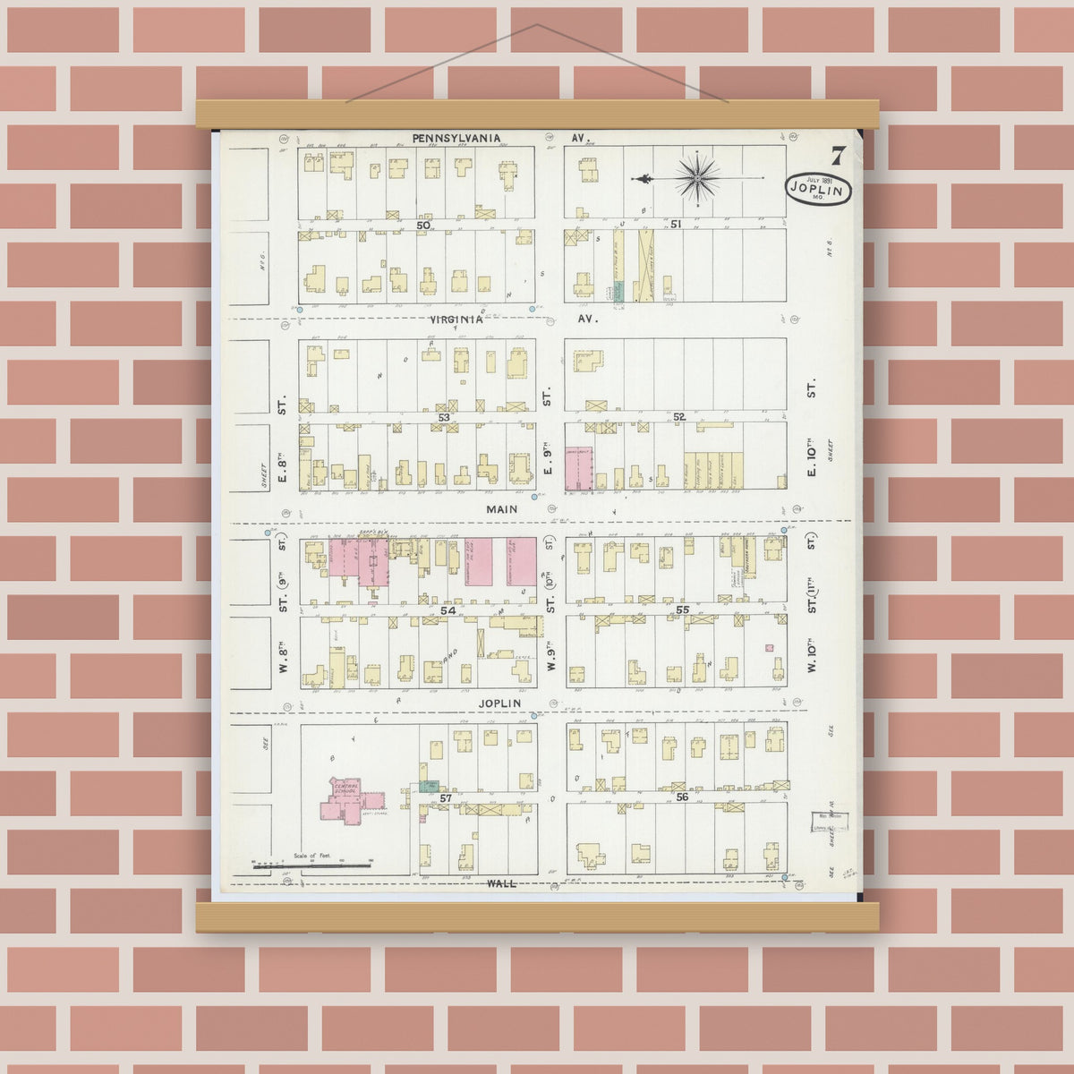 Old map wall art mockup — magnetic wood frame on brick wall — Sanborn Fire Insurance Map from Joplin, Jasper County, Missouri (1891), Sheet #0007