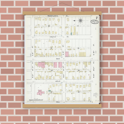 Old map wall art mockup — magnetic wood frame on brick wall — Sanborn Fire Insurance Map from Joplin, Jasper County, Missouri (1891), Sheet #0007