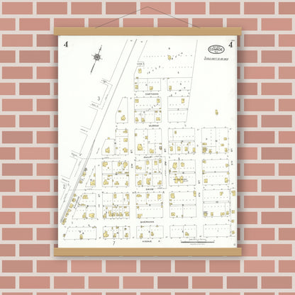 Old map wall art mockup — magnetic wood frame on brick wall — Sanborn Fire Insurance Map from Conroe, Montgomery County, Texas (1923), Sheet #0004