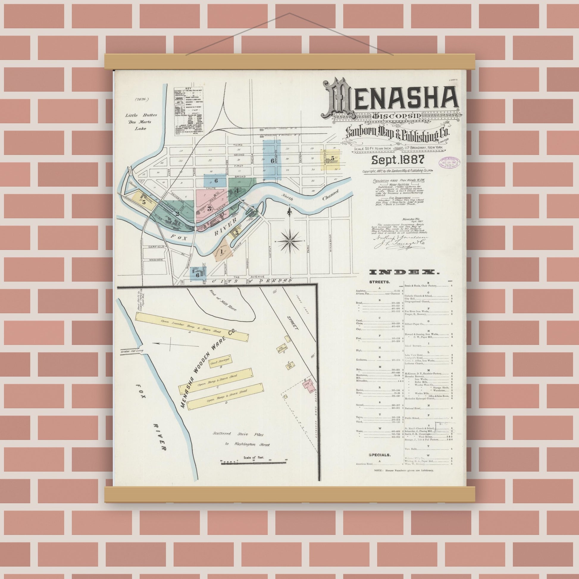 Old map wall art mockup — magnetic wood frame on brick wall — Sanborn Fire Insurance Map from Menasha, Winnebago County, Wisconsin (1887), Sheet #0001