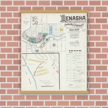 Old map wall art mockup — magnetic wood frame on brick wall — Sanborn Fire Insurance Map from Menasha, Winnebago County, Wisconsin (1887), Sheet #0001