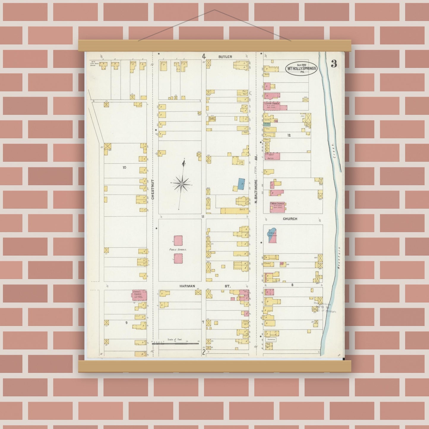 Old map wall art mockup — magnetic wood frame on brick wall — Sanborn Fire Insurance Map from Mount Holly Springs, Cumberland County, Pennsylvania (1902), Sheet #0003