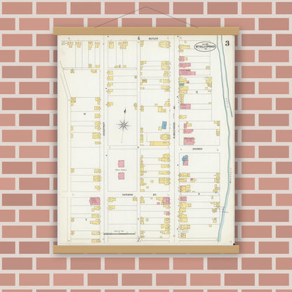 Old map wall art mockup — magnetic wood frame on brick wall — Sanborn Fire Insurance Map from Mount Holly Springs, Cumberland County, Pennsylvania (1902), Sheet #0003