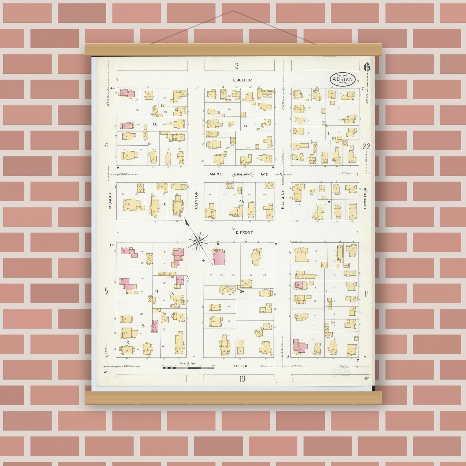 Old map wall art mockup — magnetic wood frame on brick wall — Sanborn Fire Insurance Map from Adrian, Lenawee County, Michigan (1908), Sheet #0006