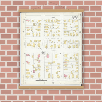 Old map wall art mockup — magnetic wood frame on brick wall — Sanborn Fire Insurance Map from Adrian, Lenawee County, Michigan (1908), Sheet #0006