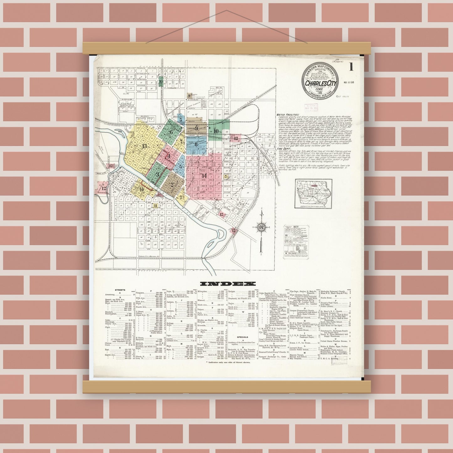 Old map wall art mockup — magnetic wood frame on brick wall — Sanborn Fire Insurance Map from Charles City, Floyd County, Iowa (1915) â€” Complete Set