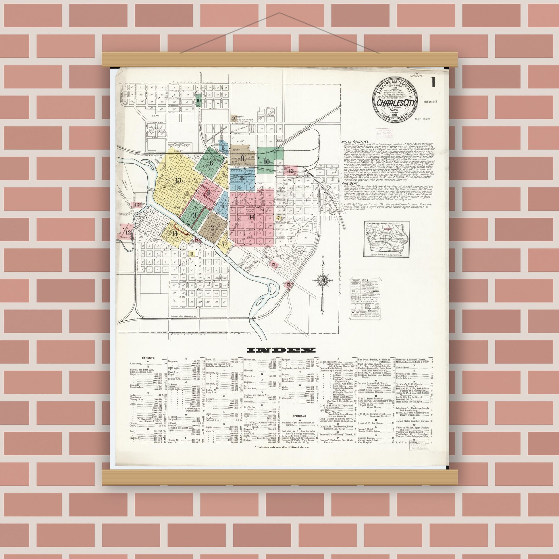 Old map wall art mockup — magnetic wood frame on brick wall — Sanborn Fire Insurance Map from Charles City, Floyd County, Iowa (1915) â€” Complete Set