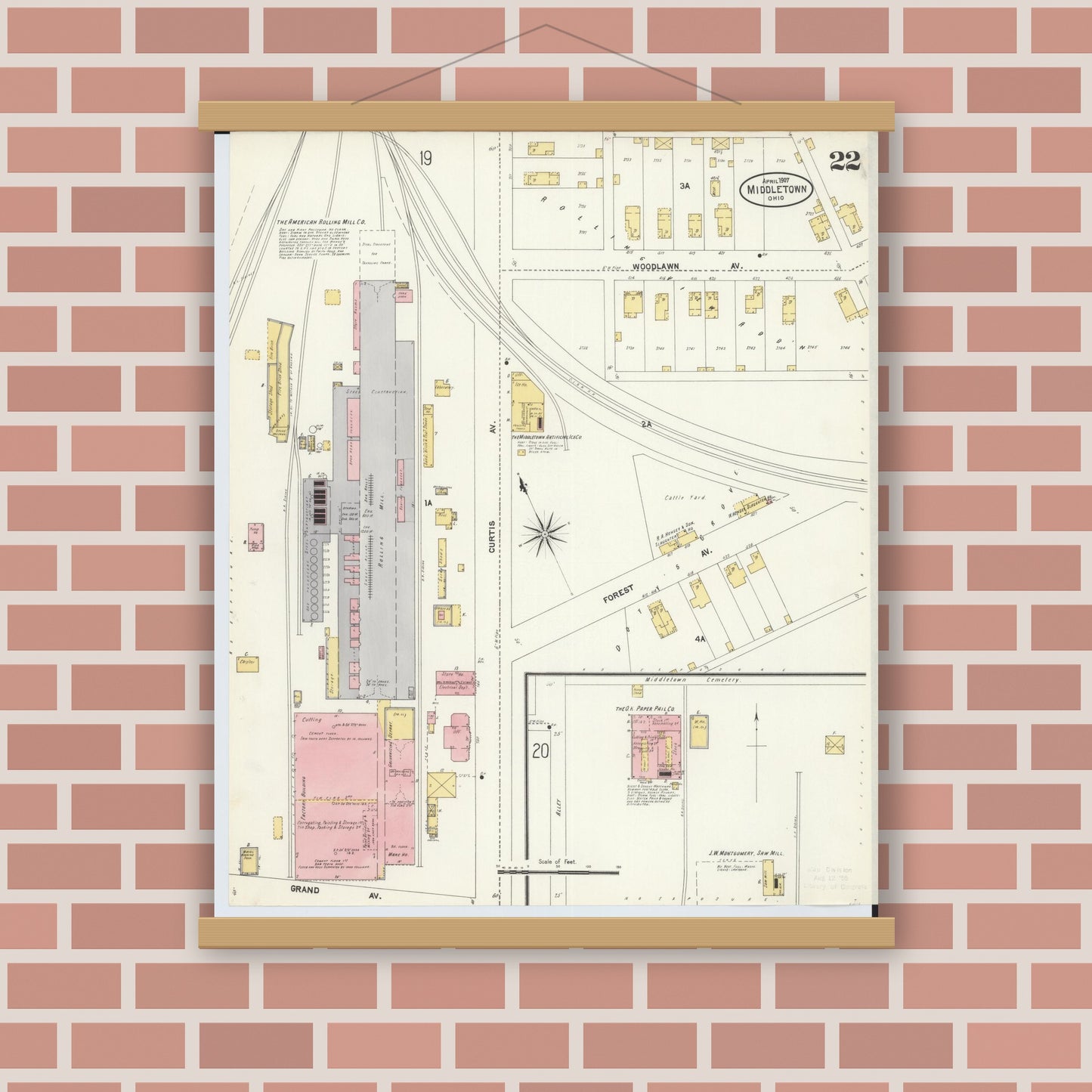 Old map wall art mockup — magnetic wood frame on brick wall — Sanborn Fire Insurance Map from Middletown, Butler County, Ohio (1907), Sheet #0022
