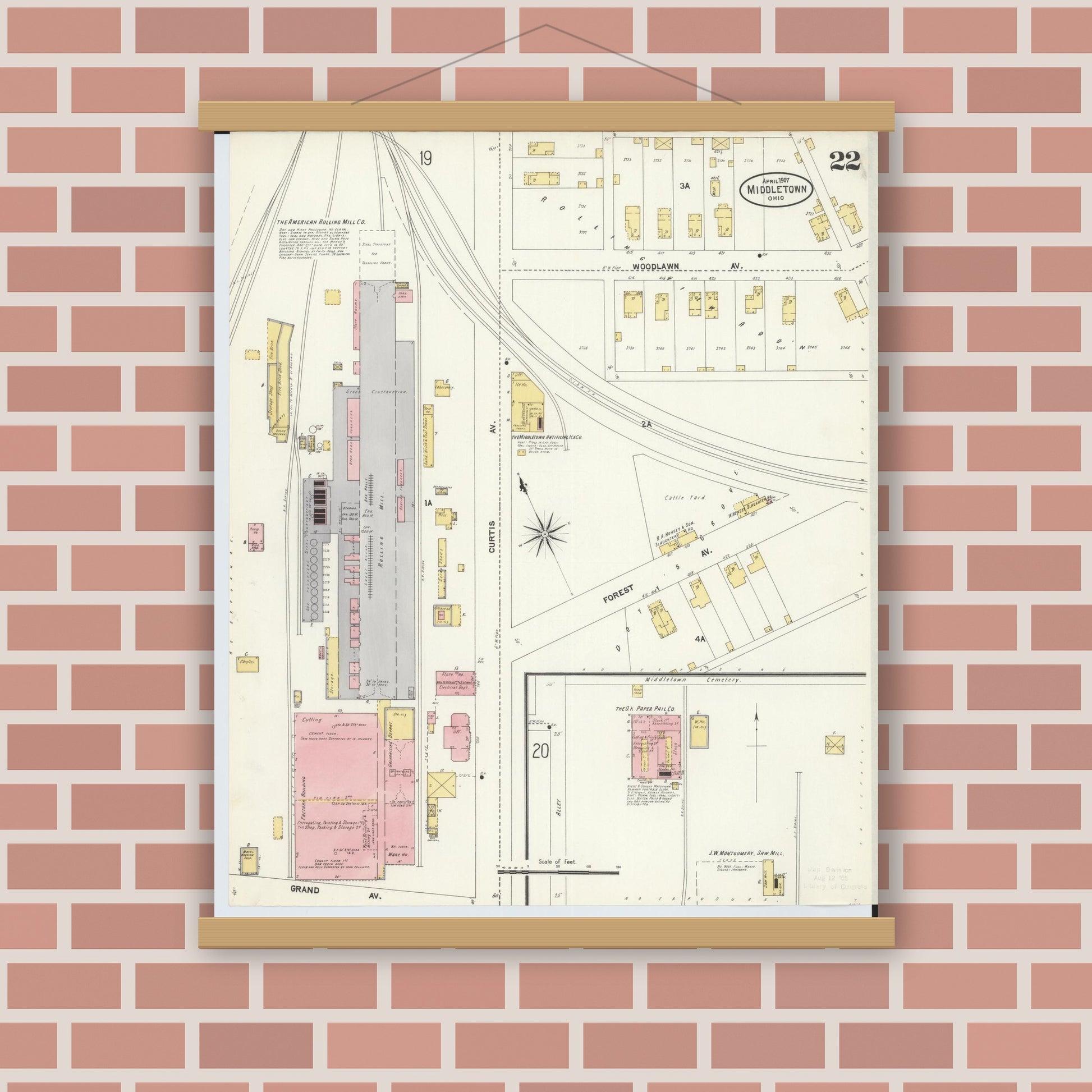 Old map wall art mockup — magnetic wood frame on brick wall — Sanborn Fire Insurance Map from Middletown, Butler County, Ohio (1907), Sheet #0022