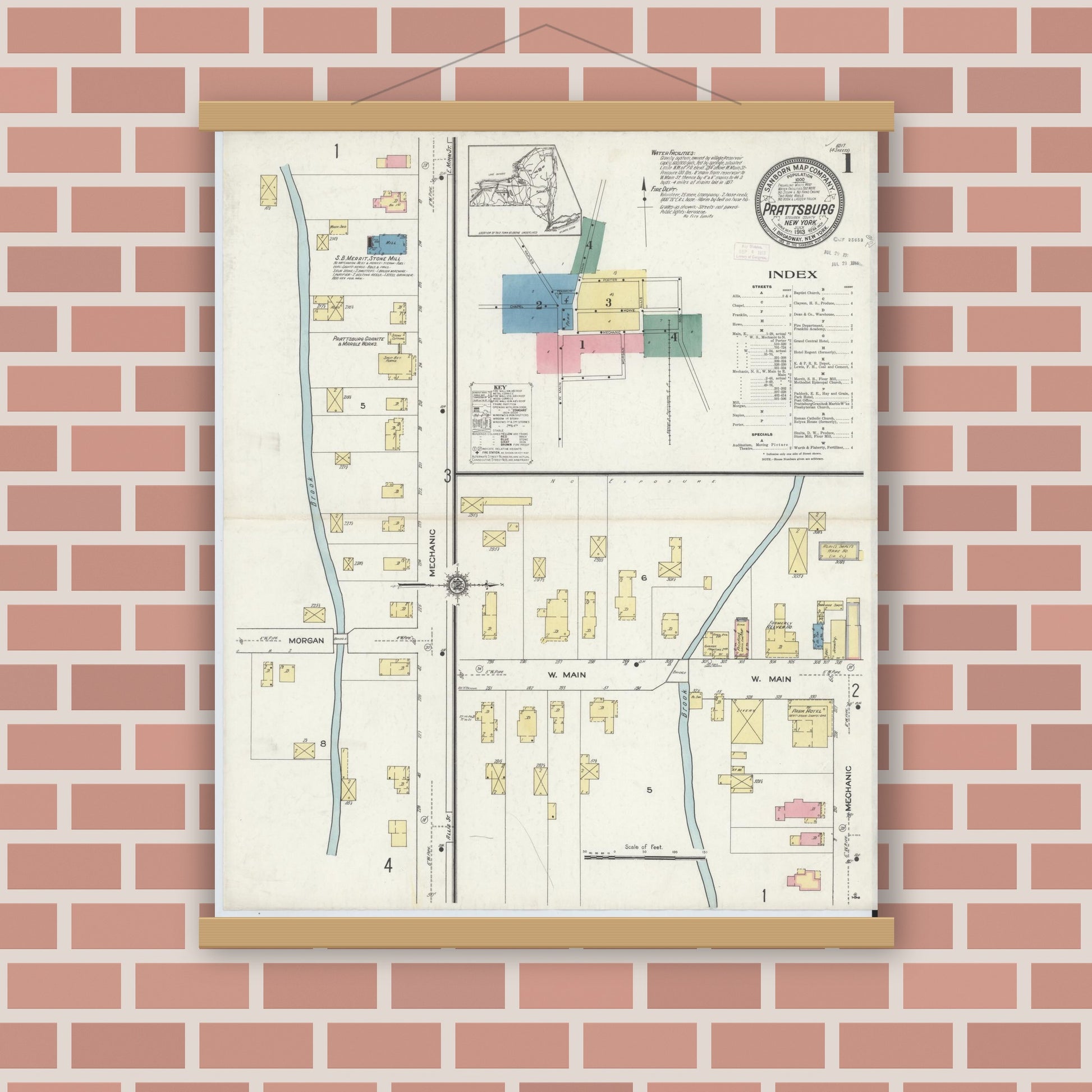 Old map wall art mockup — magnetic wood frame on brick wall — Sanborn Fire Insurance Map from Prattsburgh, Steuben County, New York (1913), Sheet #0001