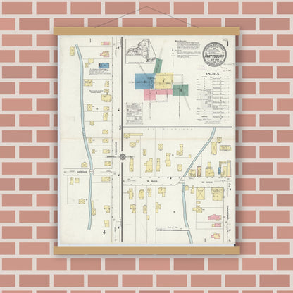 Old map wall art mockup — magnetic wood frame on brick wall — Sanborn Fire Insurance Map from Prattsburgh, Steuben County, New York (1913), Sheet #0001