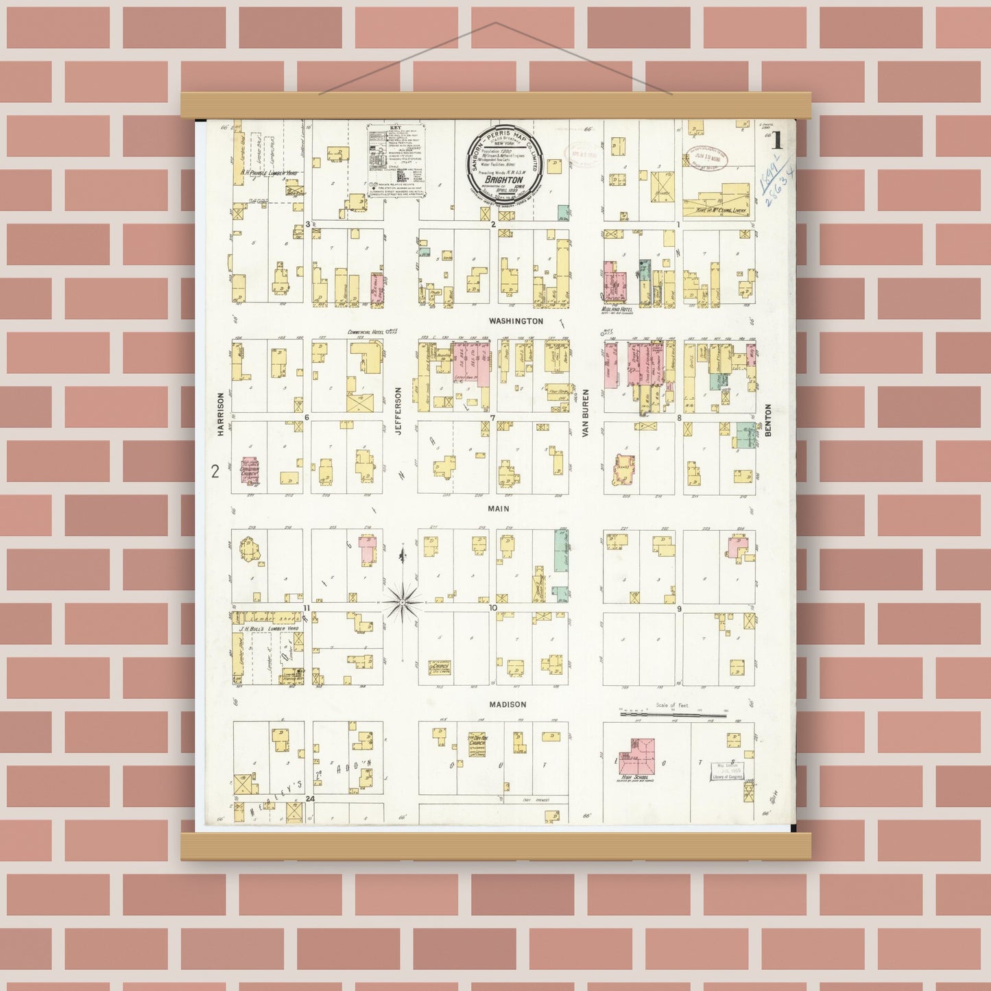 Old map wall art mockup — magnetic wood frame on brick wall — Sanborn Fire Insurance Map from Brighton, Washington County, Iowa (1899) â€” Complete Set