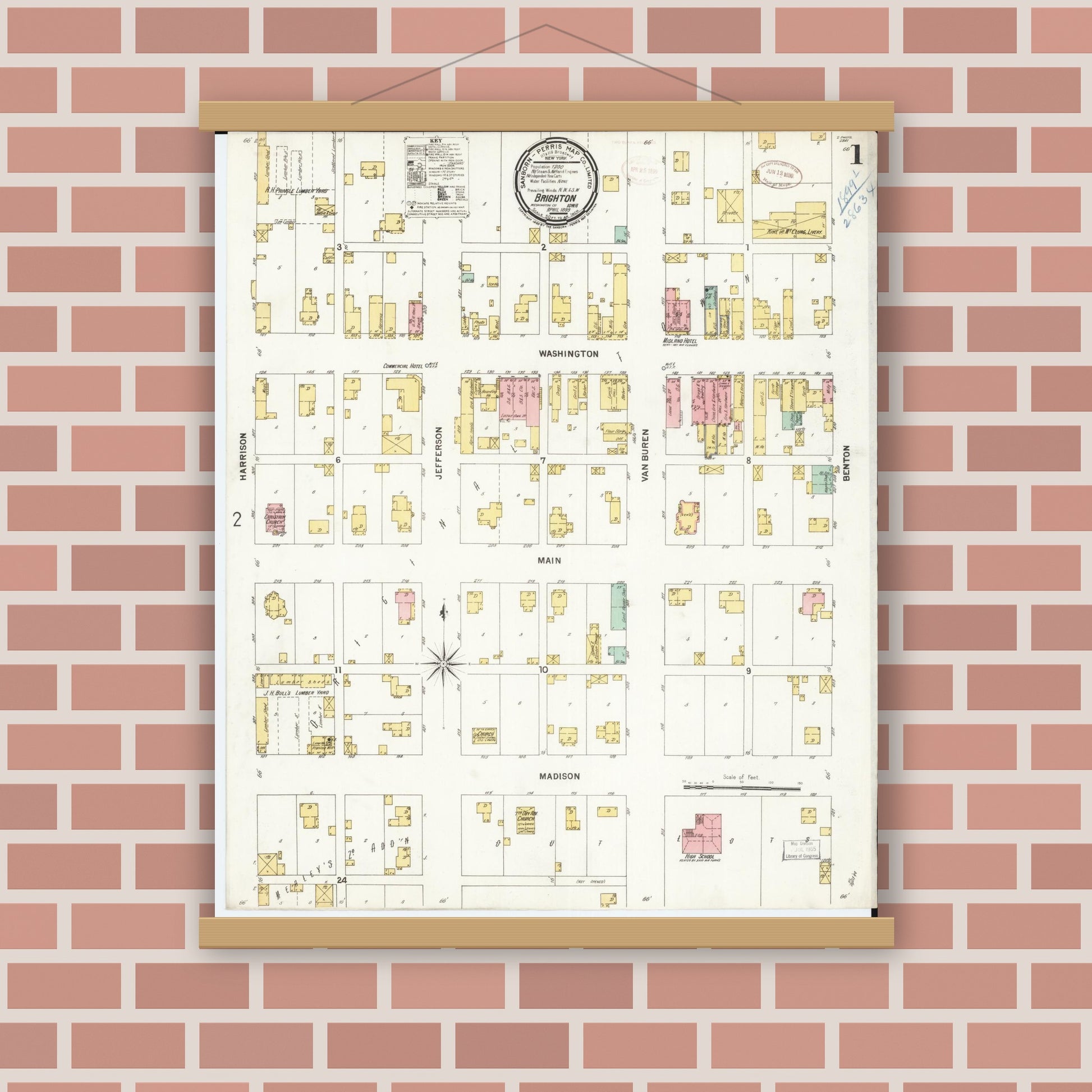 Old map wall art mockup — magnetic wood frame on brick wall — Sanborn Fire Insurance Map from Brighton, Washington County, Iowa (1899) â€” Complete Set