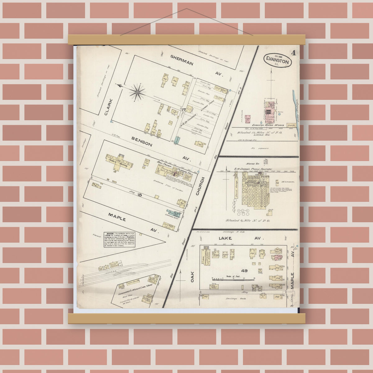 Old map wall art mockup — magnetic wood frame on brick wall — Sanborn Fire Insurance Map from Evanston, Cook County, Illinois (1883), Sheet #0004