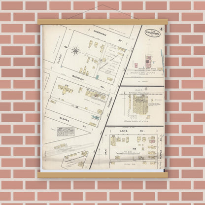 Old map wall art mockup — magnetic wood frame on brick wall — Sanborn Fire Insurance Map from Evanston, Cook County, Illinois (1883), Sheet #0004