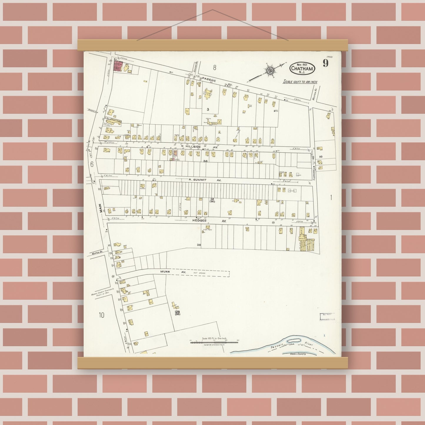 Old map wall art mockup — magnetic wood frame on brick wall — Sanborn Fire Insurance Map from Chatham, Morris County, New Jersey (1921), Sheet #0009