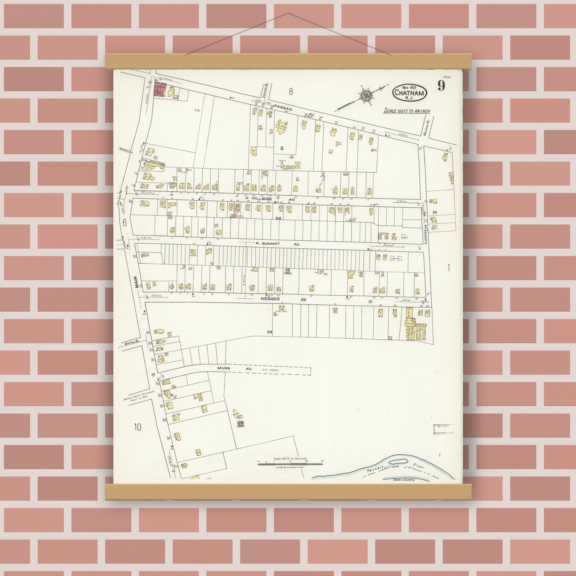 Old map wall art mockup — magnetic wood frame on brick wall — Sanborn Fire Insurance Map from Chatham, Morris County, New Jersey (1921), Sheet #0009