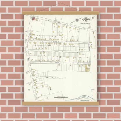Old map wall art mockup — magnetic wood frame on brick wall — Sanborn Fire Insurance Map from Chatham, Morris County, New Jersey (1921), Sheet #0009