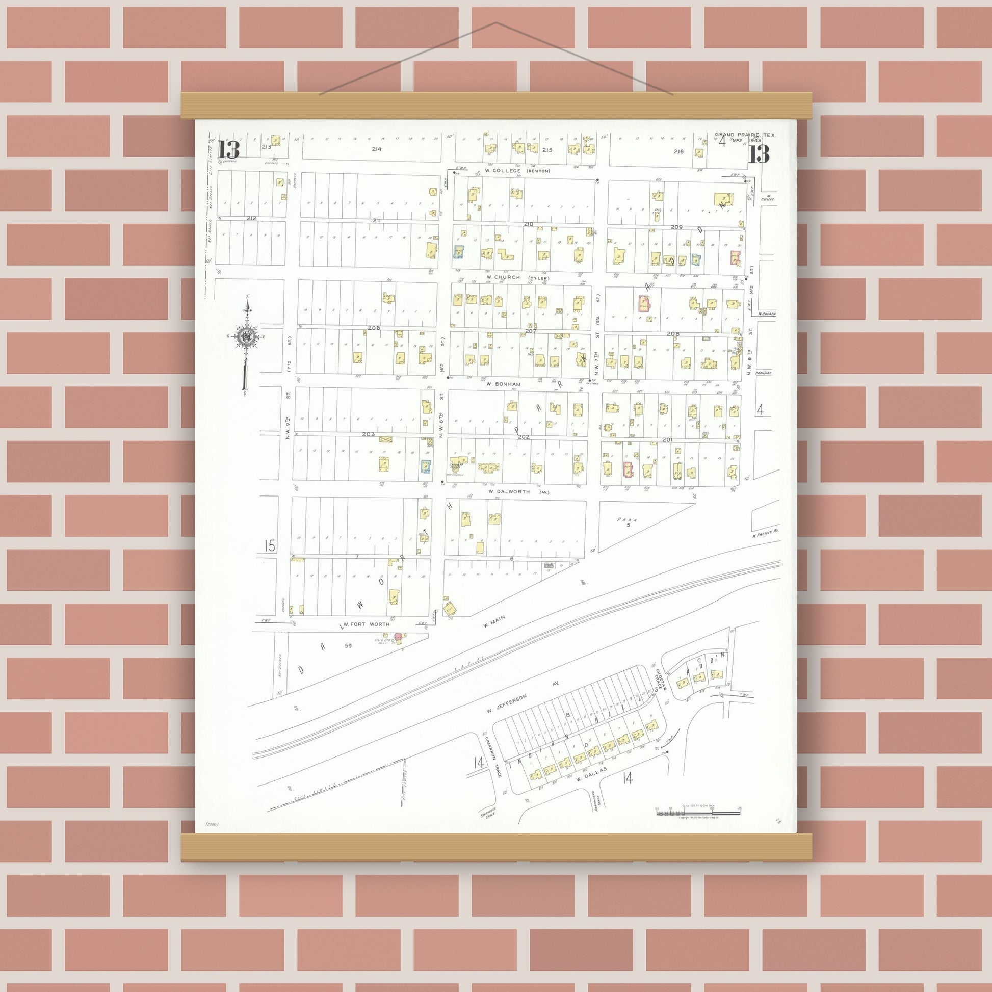Old map wall art mockup — magnetic wood frame on brick wall — Sanborn Fire Insurance Map from Grand Prairie, Dallas County, Texas (1943), Sheet #0013