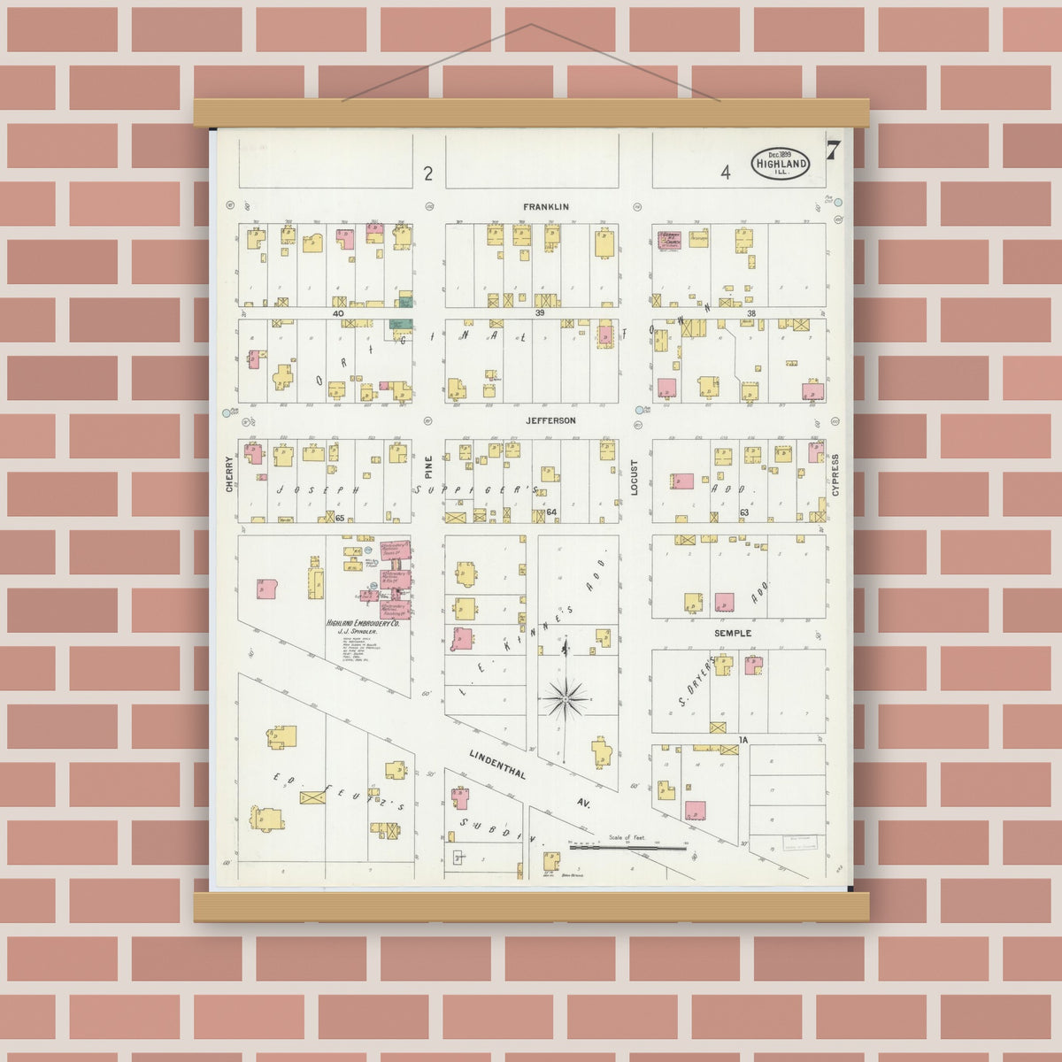 Old map wall art mockup — magnetic wood frame on brick wall — Sanborn Fire Insurance Map from Highland, Madison County, Illinois (1899), Sheet #0007