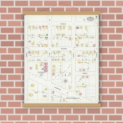 Old map wall art mockup — magnetic wood frame on brick wall — Sanborn Fire Insurance Map from Highland, Madison County, Illinois (1899), Sheet #0007