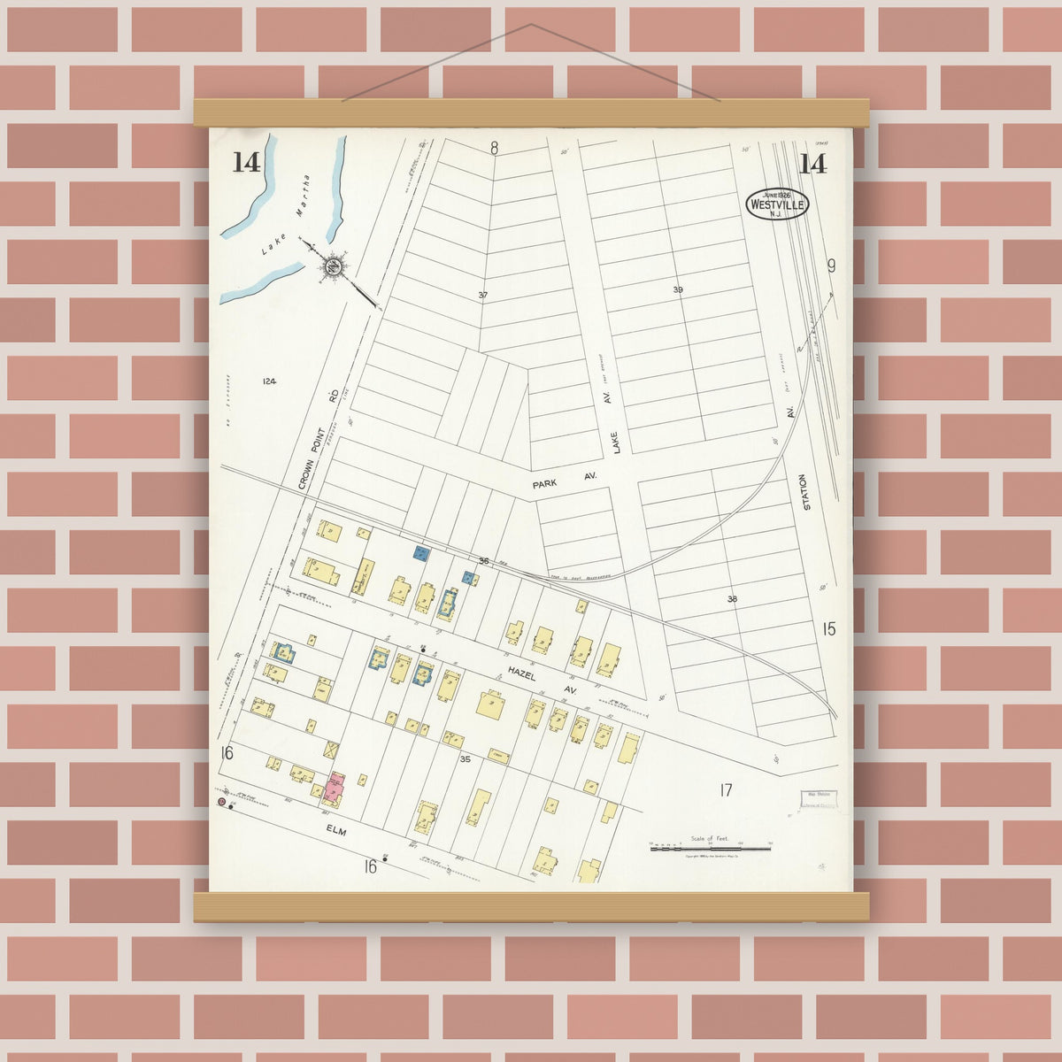 Old map wall art mockup — magnetic wood frame on brick wall — Sanborn Fire Insurance Map from Westville, Gloucester County, New Jersey (1926), Sheet #0014