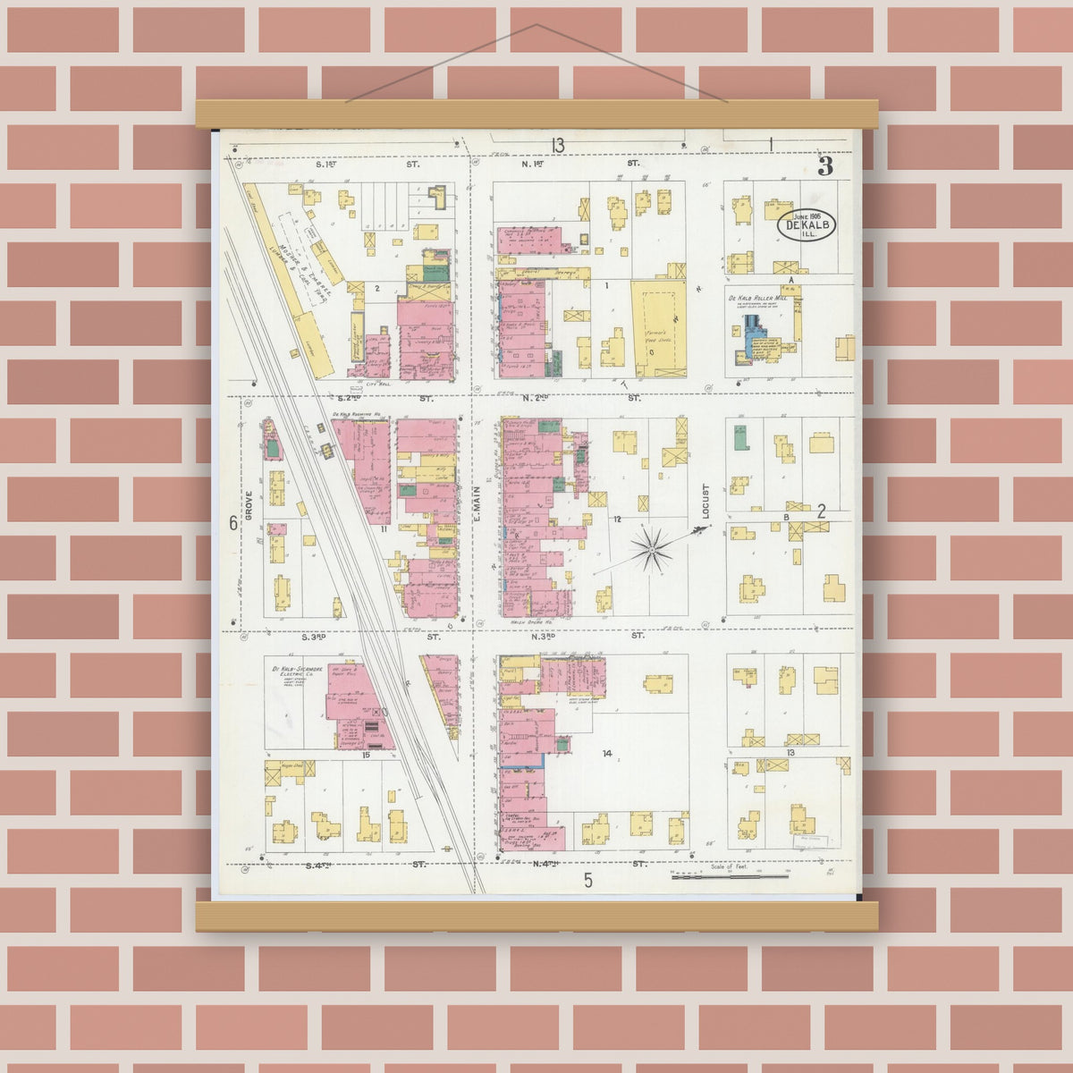 Old map wall art mockup — magnetic wood frame on brick wall — Sanborn Fire Insurance Map from De Kalb, De Kalb County, Illinois (1905), Sheet #0003