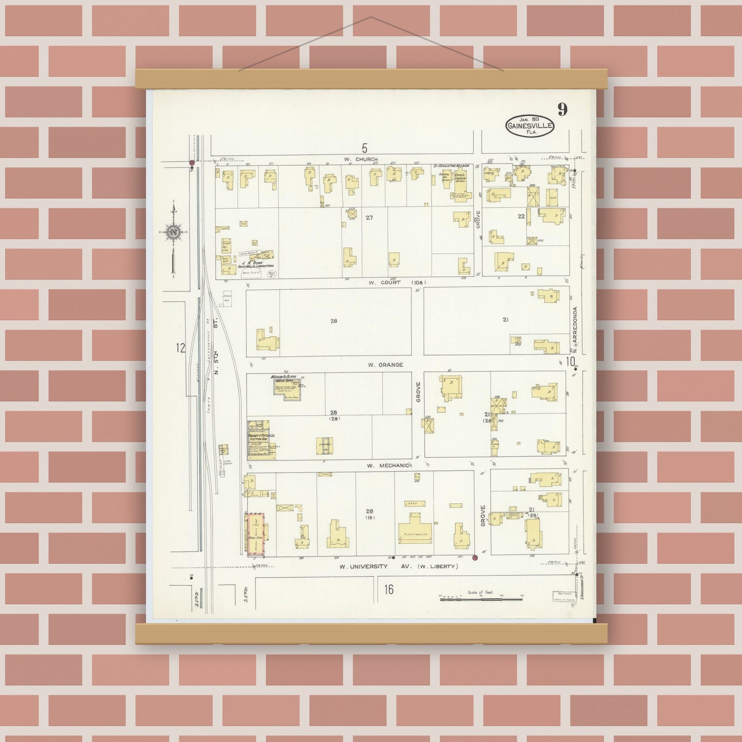 Old map wall art mockup — magnetic wood frame on brick wall — Sanborn Fire Insurance Map from Gainesville, Alachua County, Florida (1913), Sheet #0009
