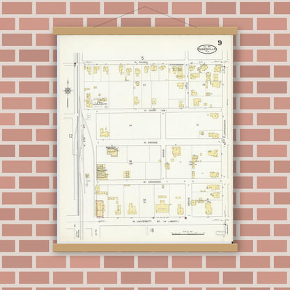 Old map wall art mockup — magnetic wood frame on brick wall — Sanborn Fire Insurance Map from Gainesville, Alachua County, Florida (1913), Sheet #0009