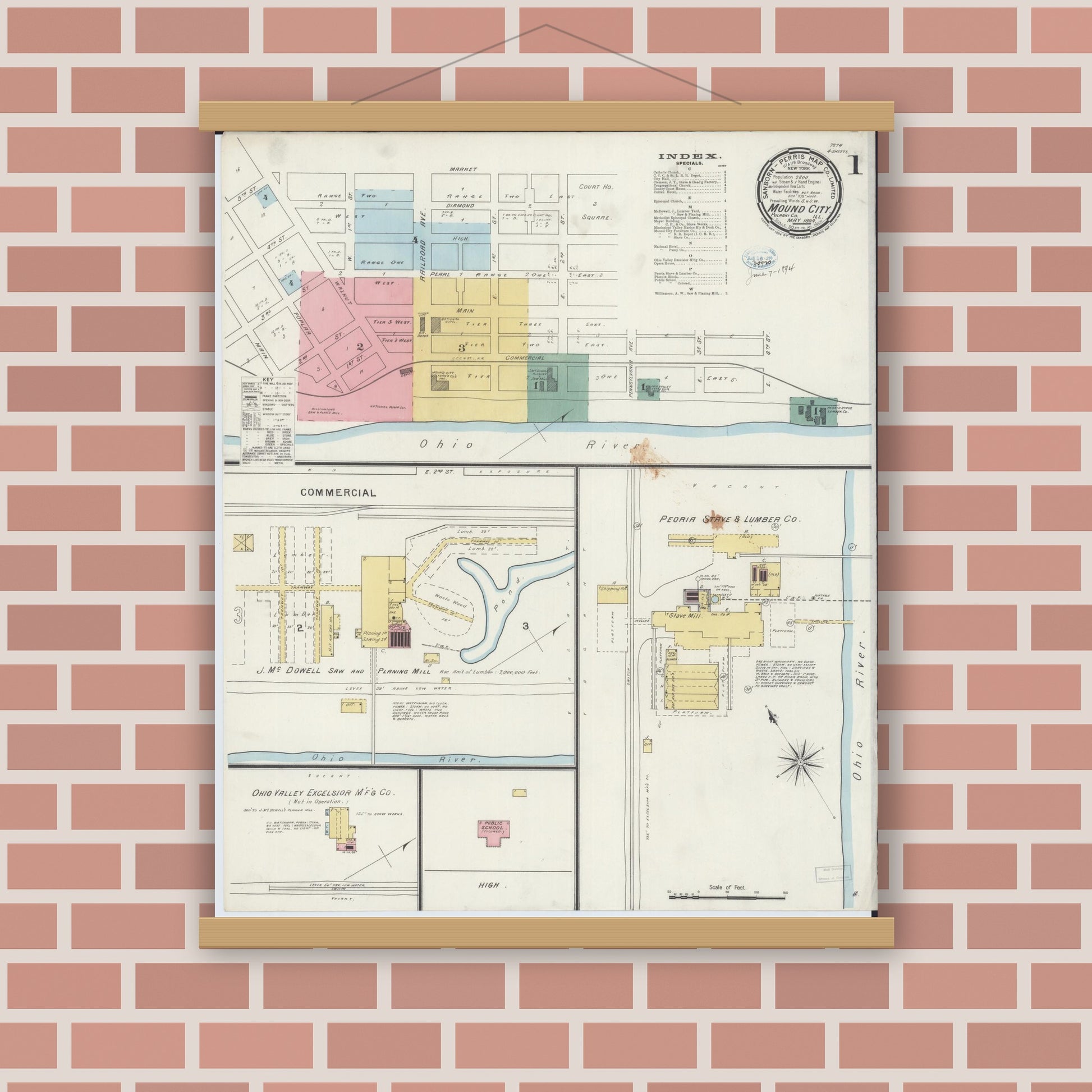 Old map wall art mockup — magnetic wood frame on brick wall — Sanborn Fire Insurance Map from Mound City, Pulaski County, Illinois (1894), Sheet #0001