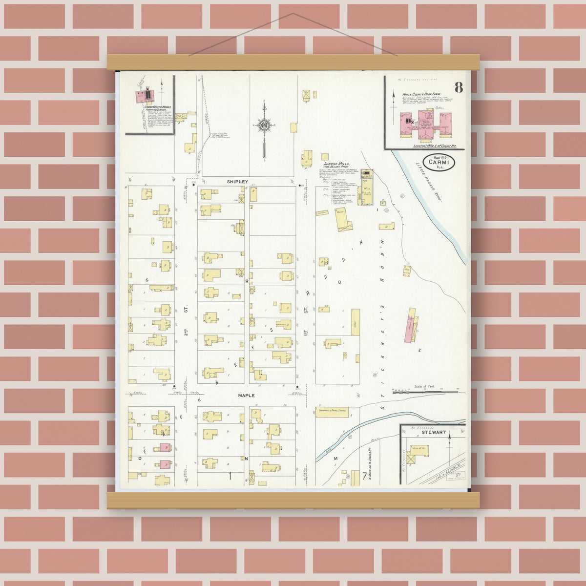 Old map wall art mockup — magnetic wood frame on brick wall — Sanborn Fire Insurance Map from Carmi, White County, Illinois (1912), Sheet #0008