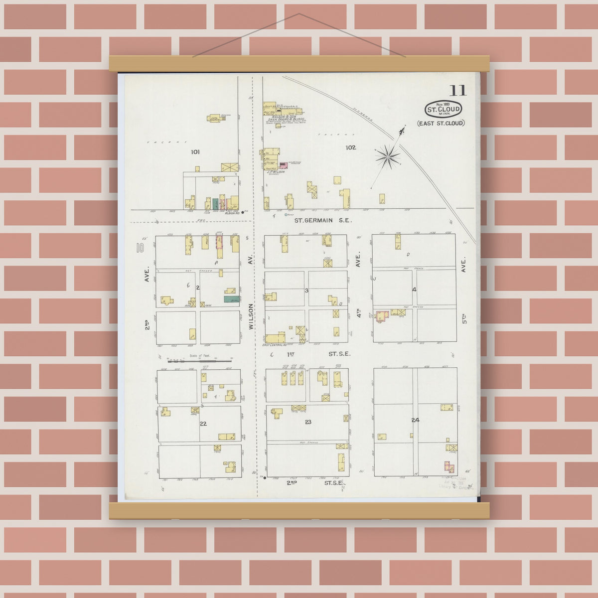 Old map wall art mockup — magnetic wood frame on brick wall — Sanborn Fire Insurance Map from Saint Cloud, Stearns, Benton, and Sherburne Counties, Minnesota (1893), Sheet #0011